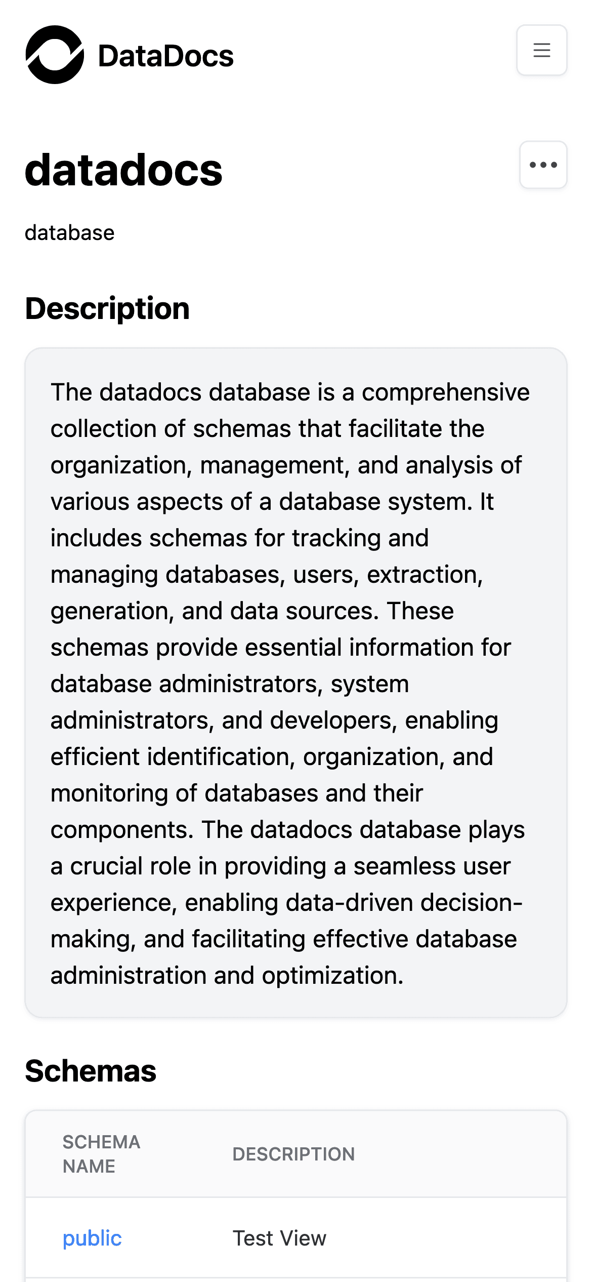 Screenshot of DataDocs database documentation tab